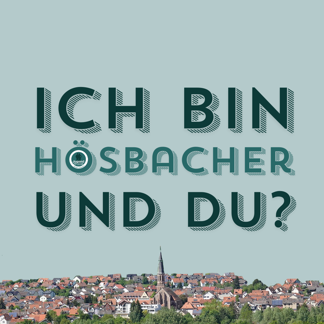 Text Ich bin Hösbacher und du? auf blauem Hintergrund mit Skyline von Hösbach