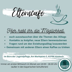 Elterncafe Hier habt ihr die Möglichkeit:euch auszutauschen über die Themen des Alltags Kontakte zu knüpfen, neue Eltern kennenzulernen Fragen rund um den Erziehungsalltag loszuwerden Gemeinsam mit anderen Eltern einen Kaffee zu trinken Im Büro der Jugendpflege, Am Marktplatz 2, 63768 Hösbach Immer am ersten Mittwoch im Monat von 14:00 - 16:30 Uhr (außer in den bayerischen Schulferien)